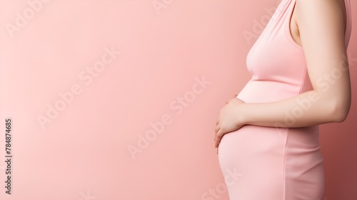 Pregnant woman touching her belly over pink background with copy space photo