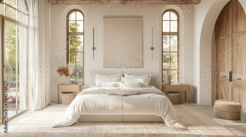 An airy bedroom with a neutral color scheme and minimalist furnishings. The focus is on the large platform bed dressed in crisp white linens and accented with a single oversized statement . photo