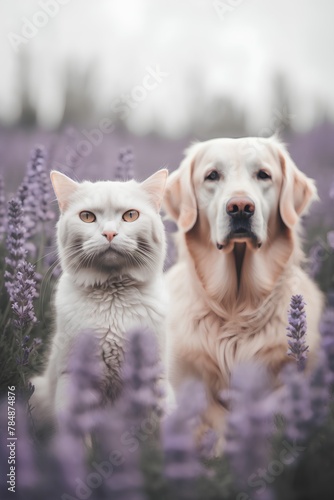 Cat and dog in lavender field. Golden Retriever and white Scottish Straight. photo