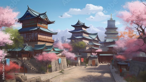 Beautiful view of the ancient chinese temple with cherry blossom photo