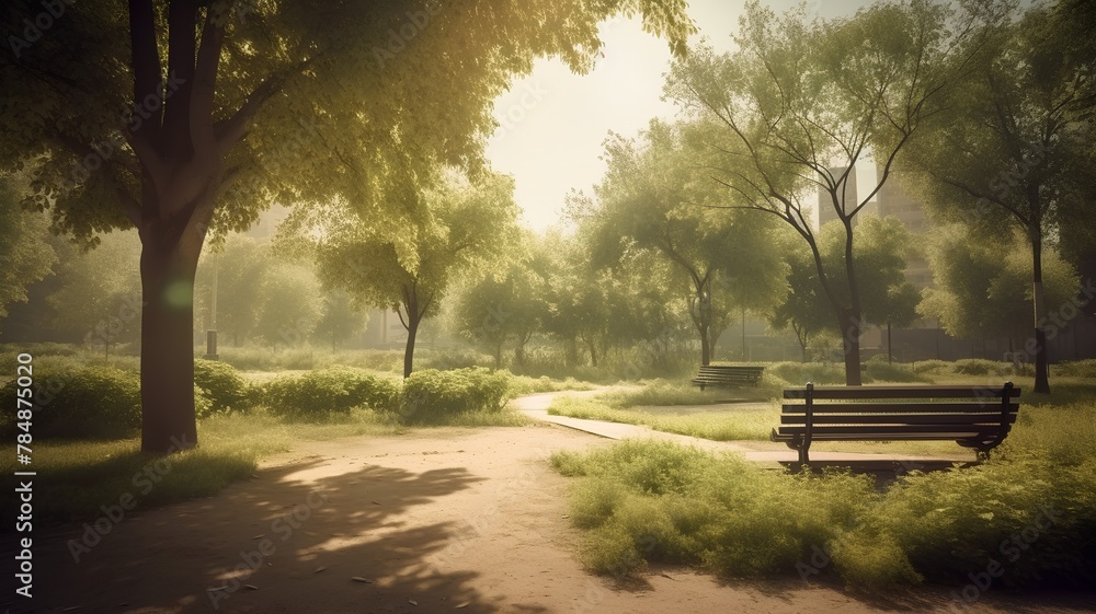 Park bench and trees in the morning mist with sunbeams.