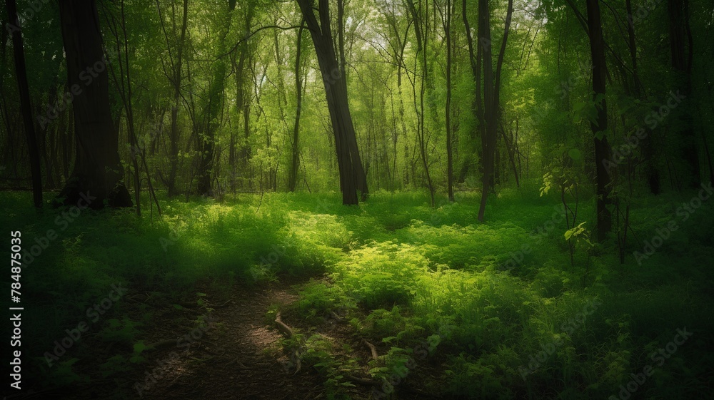 Beautiful green forest in spring time. Nature background with copy space