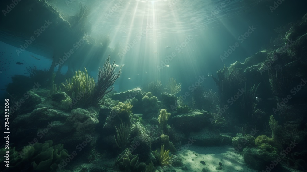 Tropical underwater scene with seabed and sunbeams