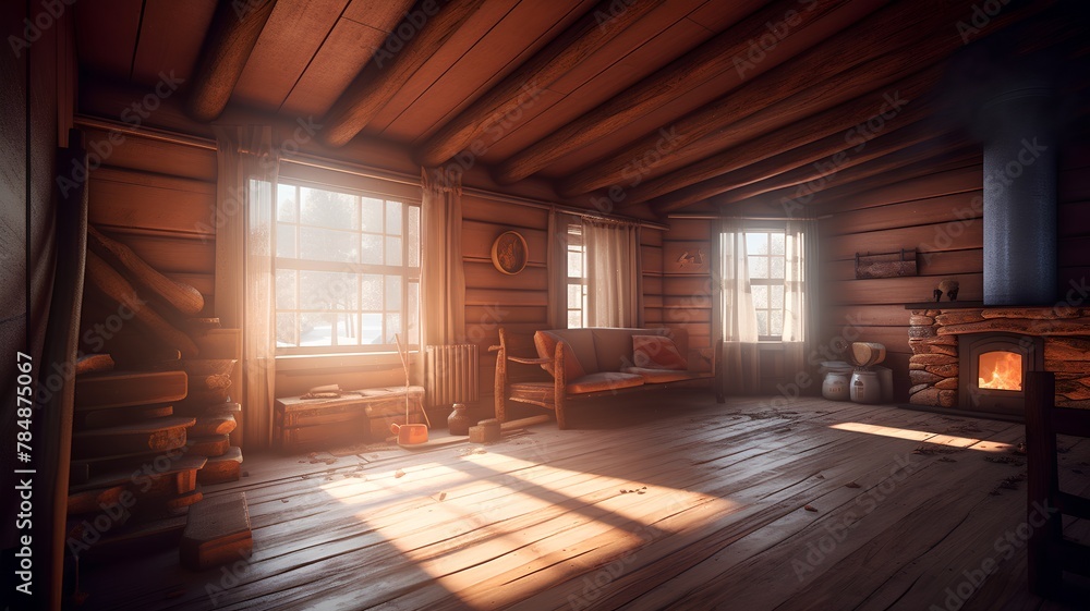 Interior of a wooden house in the rays of the sun.