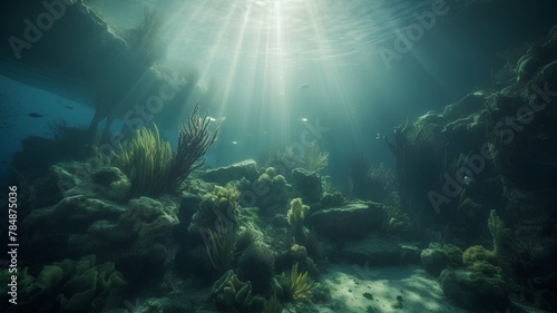 Tropical underwater scene with seabed and sunbeams