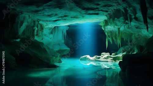 Cave with stalactites and stalagmites in the water