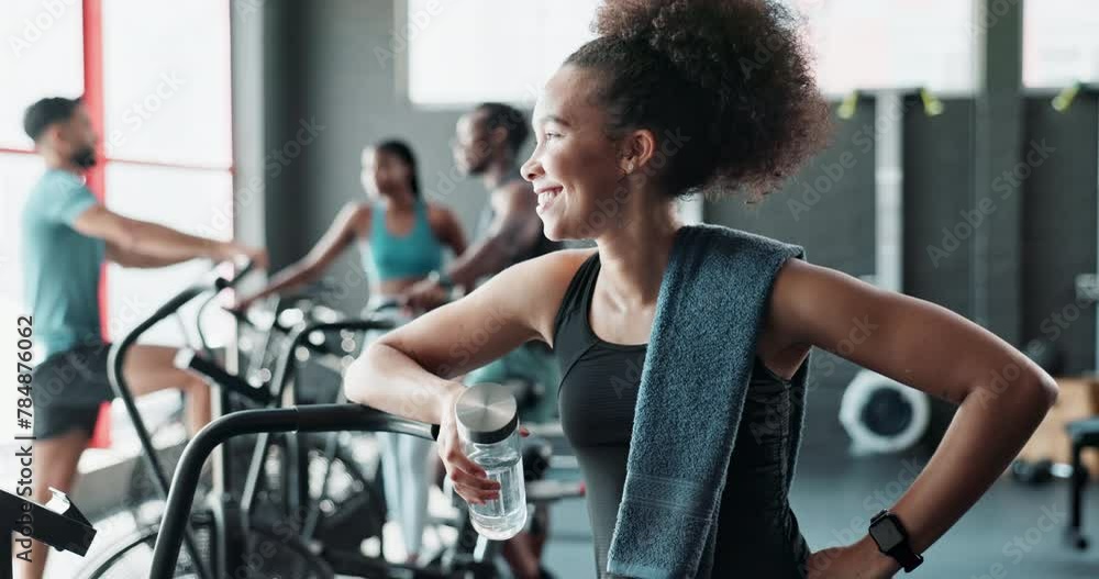 Thinking, break or woman laughing in gym with fatigue, fitness and wellness in endurance workout. Bike exercise, tired and exhausted female athlete with training ideas or smile to relax for recovery Thinking, break or woman laughing in gym with fatigue, fitness and wellness in endurance workout. Bike exercise, tired and exhausted female athlete with training ideas or smile to relax for recovery