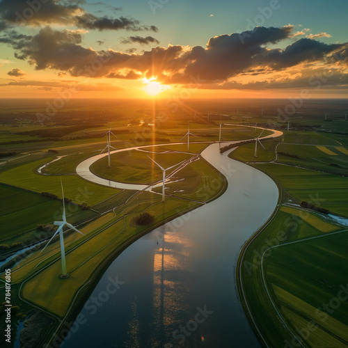 Wind turbine farm sunset over the river