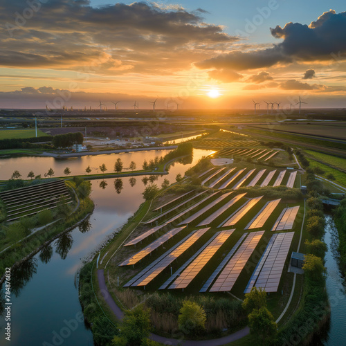 solar panel renewable energy farm sunset over the river
