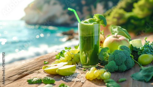 Green juice, detox, fruit and vegetable smoothie. Green leaf cream, green cream. Fitness.