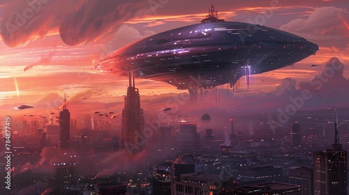 A giant alien spaceship over a city.