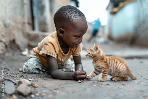 An African American child plays with a kitten on the street photo
