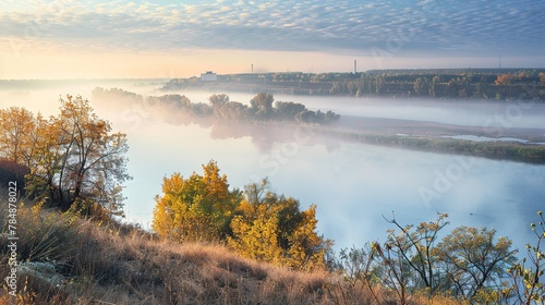 View on the Dnieper river in fog in the morning at autumn  , Generative ai,  photo