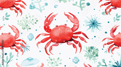 Watercolor illustration of red corals and crabs pat