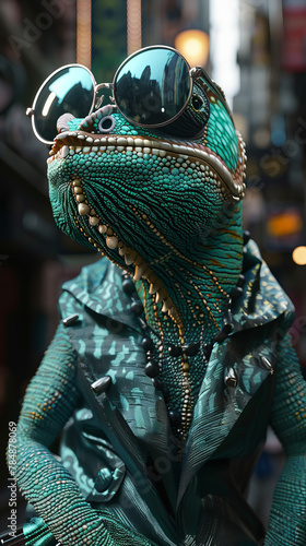 A lizard wearing sunglasses and a leather jacket © Wonderful Studio