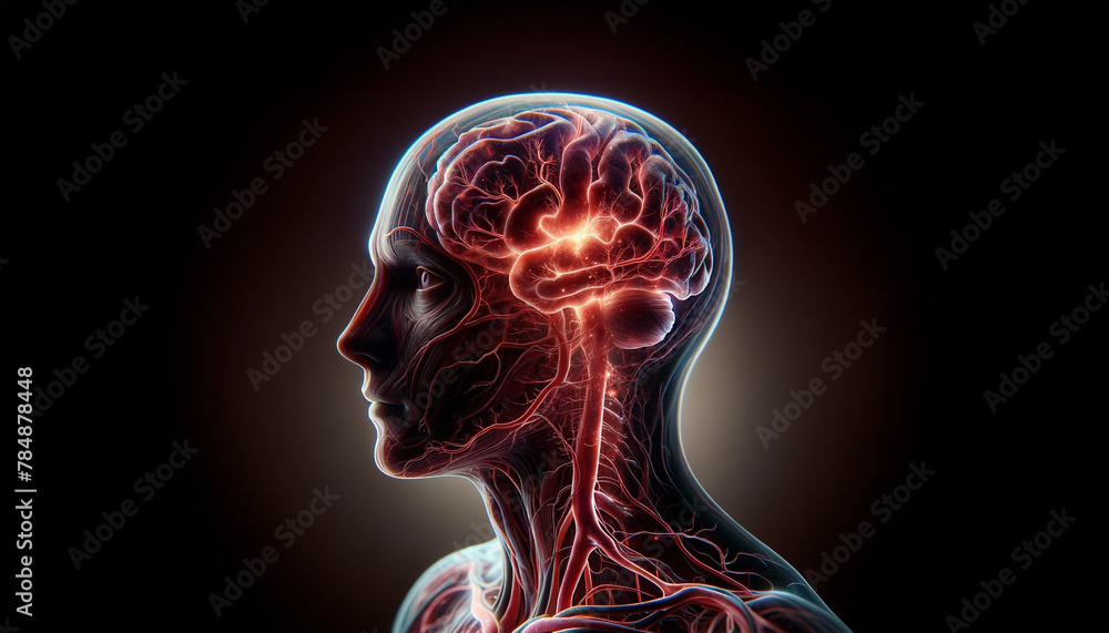 A man's brain is shown in red with veins and arteries. Concept of life and energy, as the brain is the center of the body's functions A man's brain is shown in red with veins and arteries. Concept of life and energy, as the brain is the center of the body's functions