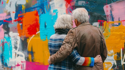 An older couple stands arminarm admiring a graffiti art piece that combines abstract shapes and bright colors to create a mesmerizing . . photo