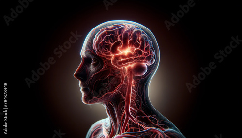 A man's brain is shown in red with veins and arteries. Concept of life and energy, as the brain is the center of the body's functions