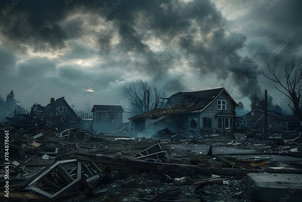 A desolate scene of a destroyed town with a house in the middle. The sky is dark and cloudy, and there is smoke in the air. Scene is one of destruction and despair - obrazy, fototapety, plakaty 