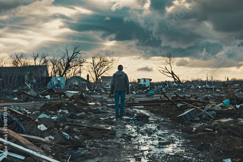 A man walks through a destroyed area with a gloomy and desolate atmosphere. The sky is cloudy and the ground is littered with debris