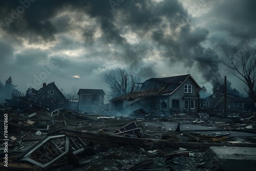 A desolate scene of a destroyed town with a house in the middle. The sky is dark and cloudy, and there is smoke in the air. Scene is one of destruction and despair photo