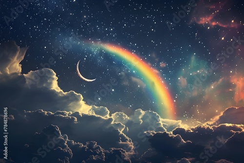 A rainbow is seen in the sky above a cloudy night. The sky is filled with stars and the moon is visible in the background. Scene is peaceful and serene, as the rainbow and stars create a beautiful photo