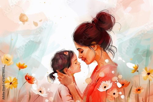 Mother and her little child on flower background