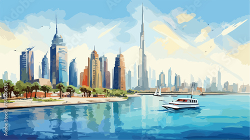 Watercolor sketch of Dubai city buildings in vector