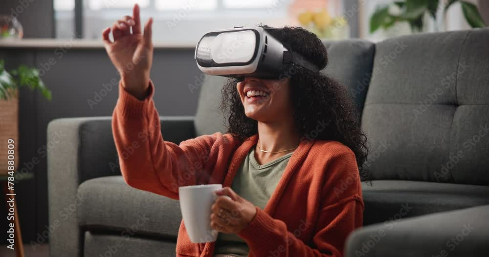 Woman, streaming and VR technology with smile for metaverse, comedy ...