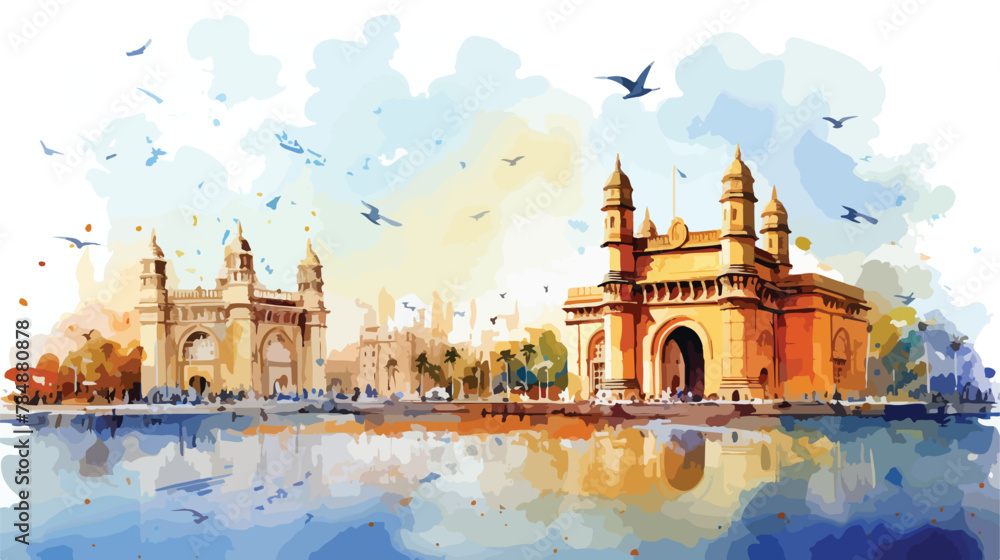 Watercolor sketch of Gateway of India Mumbai in vector - obrazy, fototapety, plakaty 