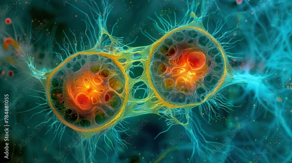 A plant cell undergoing cell division captured in the midst of the process known as cytokinesis. The dividing cells cytoskeleton can - obrazy, fototapety, plakaty 