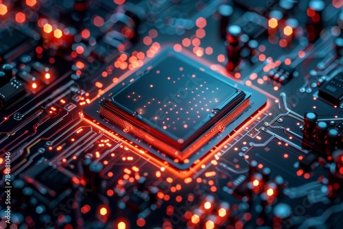 A close up of a computer processor with red and blue lights on the surface.