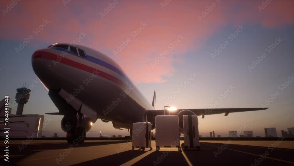 Suitcases Standing On Airstrip In Front Of An Airplane During A Evening. Brand New, White, Extremely Wealthy People Business Travel Class Suitcases Standing On Airstrip In Front Of An Airplane During A Evening. Brand New, White, Extremely Wealthy People Business Travel Class
