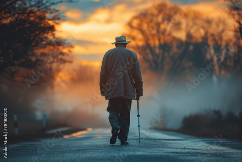 An old man walks alone down a country road at sunset.