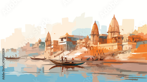 Watercolor sketch of Varanasi Kashi Ghat India in v photo