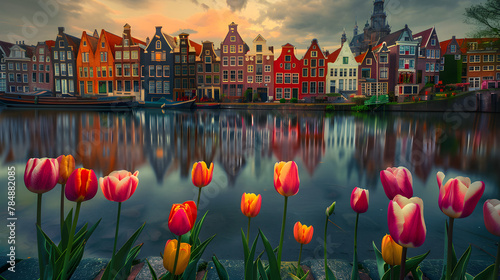 Vibrant Dutch Houses and Tulips Along Tranquil Canal Blending Old With the New photo