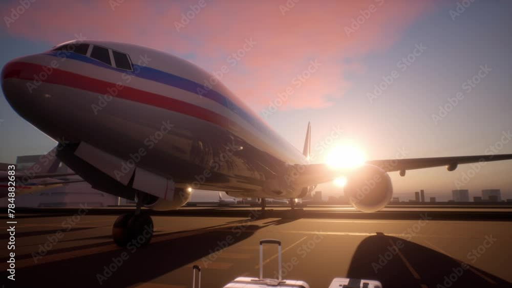 Suitcases Standing On Airstrip In Front Of An Airplane During A Evening. Brand New, White, Extremely Wealthy People Business Travel Class Suitcases Standing On Airstrip In Front Of An Airplane During A Evening. Brand New, White, Extremely Wealthy People Business Travel Class