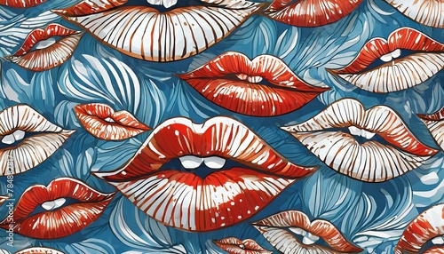 Pattern labios rojos con fondo azul photo