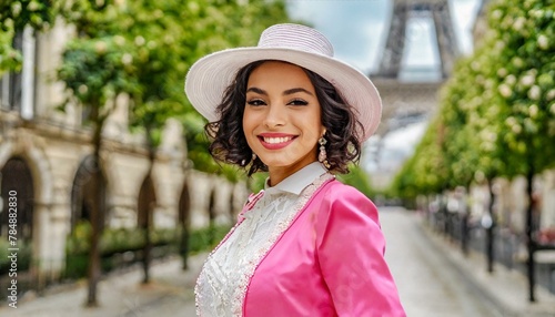 Mujer con estilo coquette paseando por la ciudad, outfit rosa extravagante en la semana de la moda en París