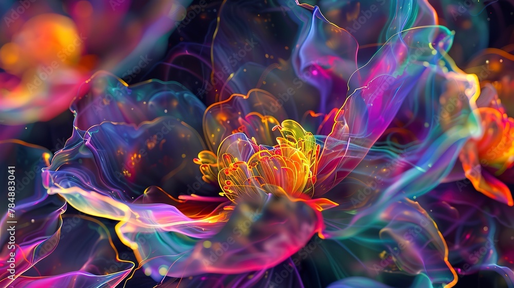 Naklejka premium Close up, abstract flower fusion, creativity burst, neon outlines, shadow play 