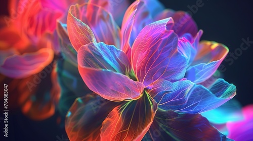 Close up, abstract flower fusion, creativity burst, neon outlines, shadow play