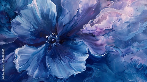Zoom in, abstract floral, originality bloom, ink drip effect, moonlight, crystal focus