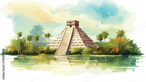 Watercolor splash with sketch of The ancient Pyrami photo