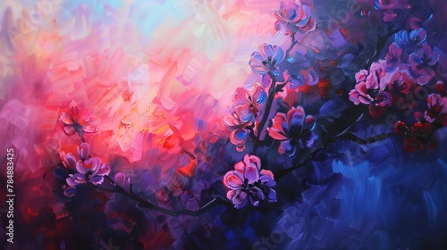 Close view, abstract blossom, mood swings, serene to vibrant, dawn to dusk lighting 