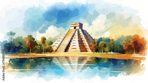 Watercolor splash with sketch of The ancient Pyrami photo
