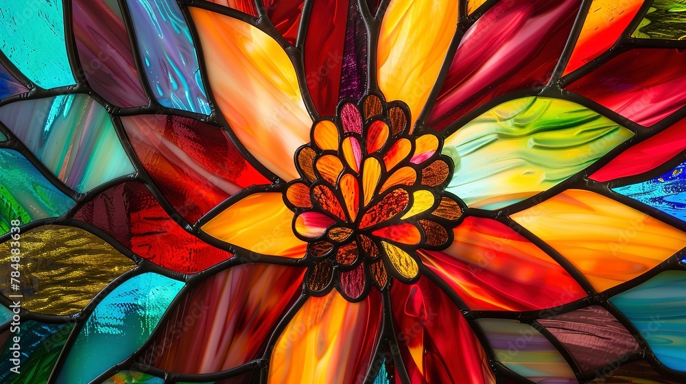 Close-up, abstract floral masterpiece, stained glass inspiration, vivid segments, radiant beams 