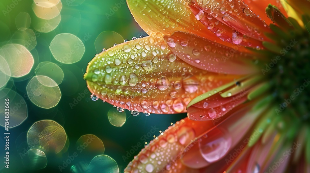 Close up, abstract flower essence, rainforest dew, fresh green vibrancy, dawn light Close up, abstract flower essence, rainforest dew, fresh green vibrancy, dawn light