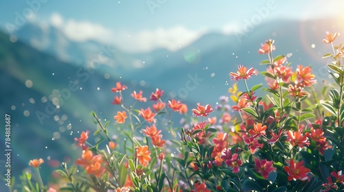 Tight shot, floral abstract, mountain air freshness, alpine colors, clear sky illumination 