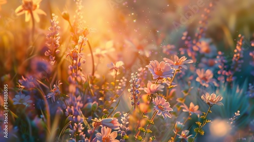 Close view, blossom abstraction, wild meadow feel, vibrant wildflowers, golden hour glow  © Thanthara