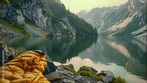 Sleeping bag on camping tent near lake. 4k video animation photo